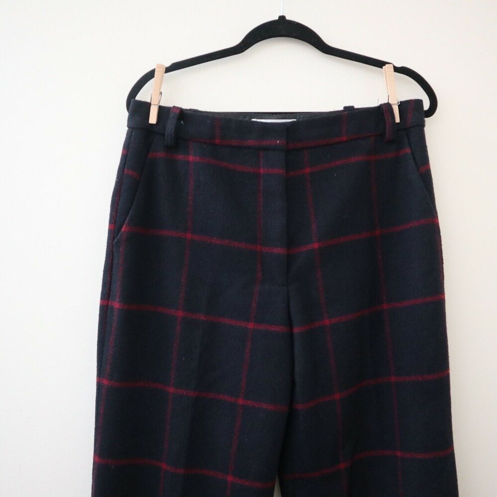 Self Portrait Size 8 Wool Blend High Rise Check Trousers Plaid Wide Leg Pant - Picture 3 of 11